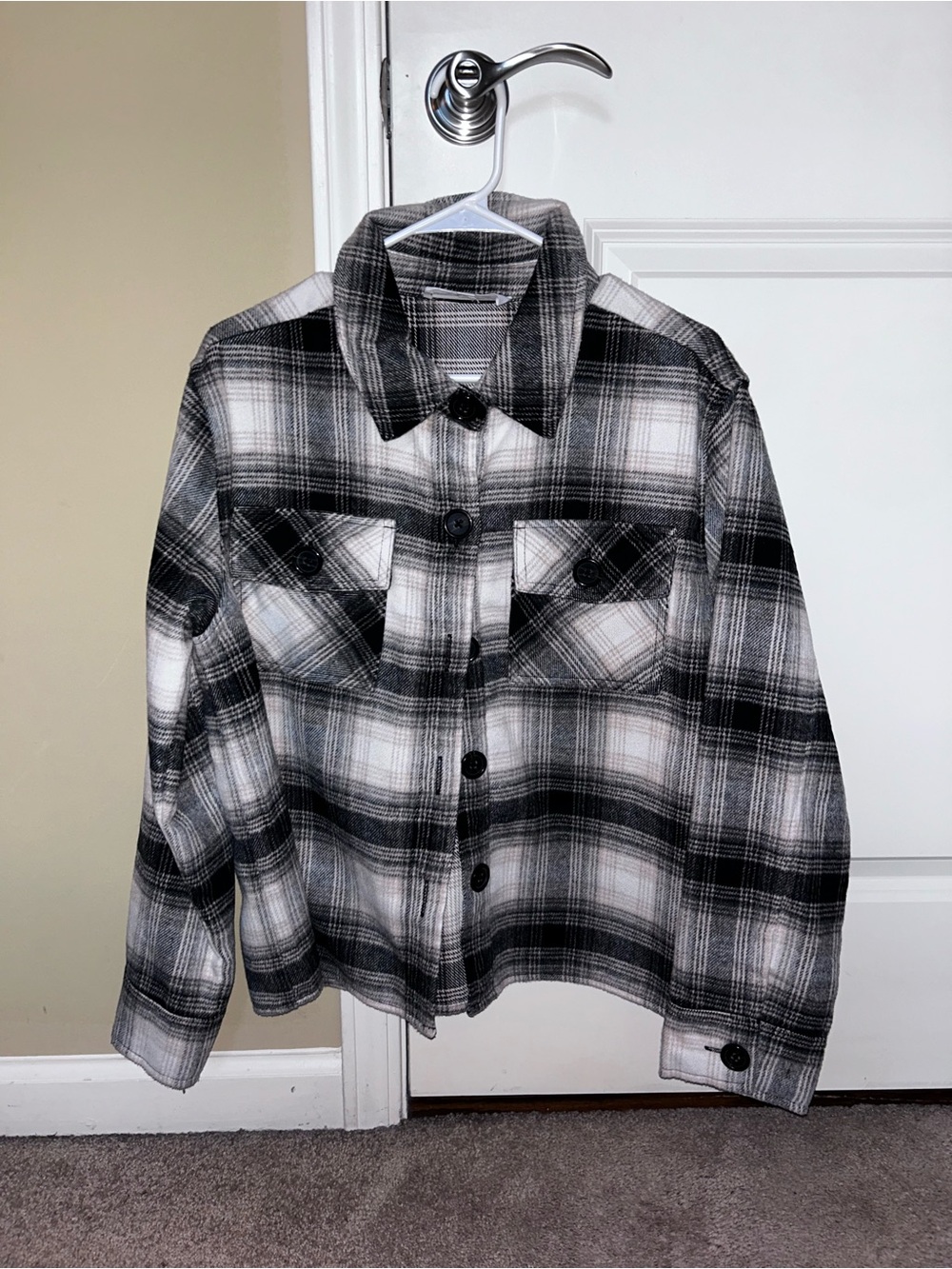 Steve Madden Black, Beige and White Plaid Button-Up Jacket
